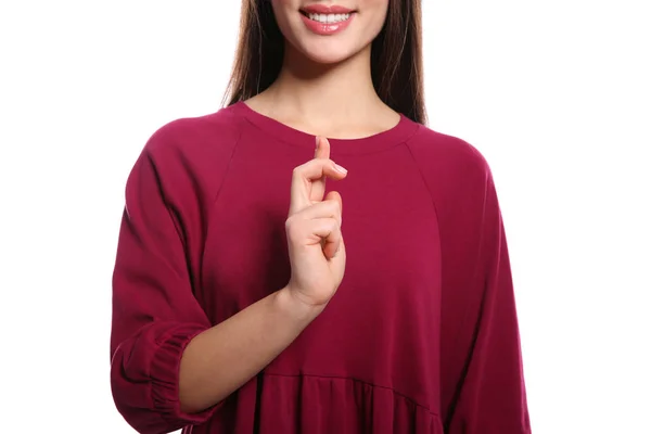 Femme utilisant le langage des signes sur fond blanc, gros plan — Photo
