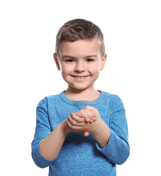 Little boy showing BELIEVE gesture in sign language on white background — Stock Photo, Image