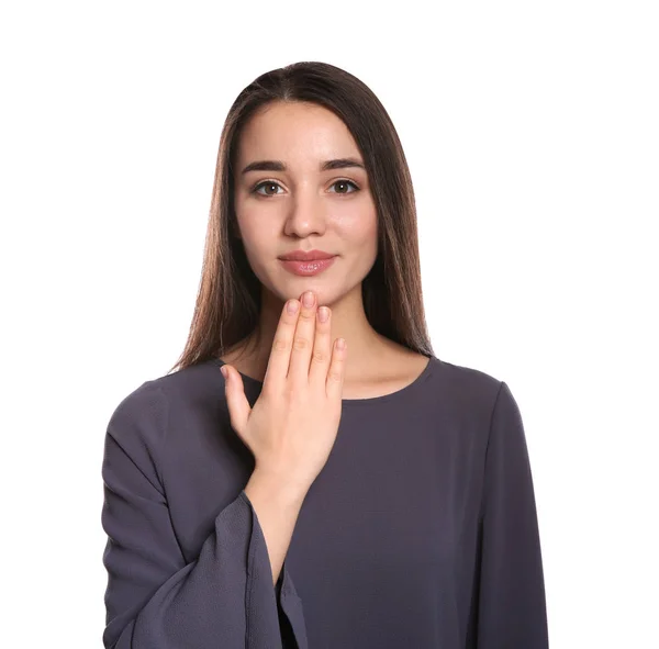 Mujer mostrando GRACIAS gesto en lenguaje de señas sobre fondo blanco —  Fotos de Stock