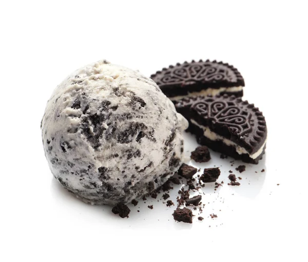 Delicious ball of ice cream with chocolate cookie on white background — Stock Photo, Image