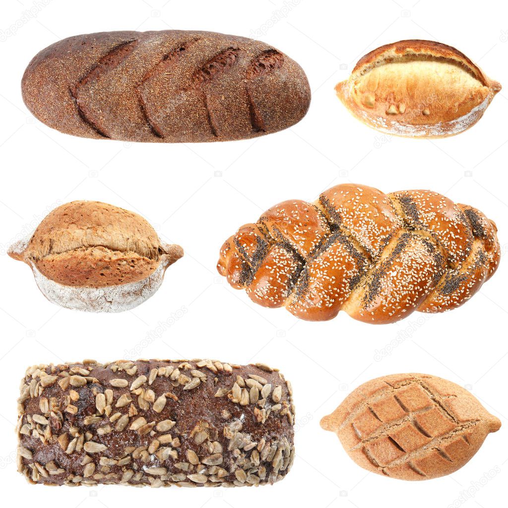Set of fresh bread on white background, top view 