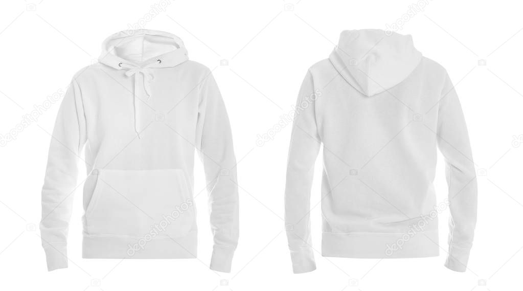 Set of stylish hoodie sweater on white background, front and back view. Space for design