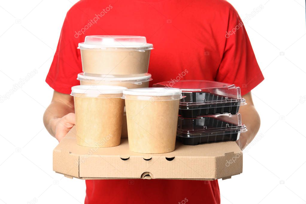 Courier with different containers on white background. Food delivery service