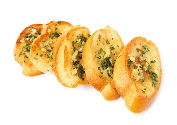 Fette di gustoso pane all'aglio con erbe isolate su bianco — Foto Stock