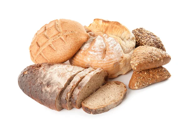 Diversi tipi di pane su sfondo bianco — Foto Stock