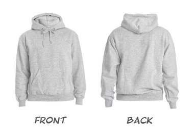 Beyaz arka planda şık hoodie kazak seti, ön ve arka görünüm. Tasarım alanı 