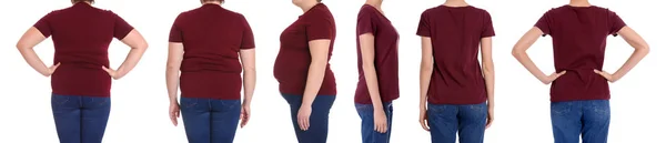 Mujer con sobrepeso antes y después de la pérdida de peso sobre fondo blanco, primer plano — Foto de Stock