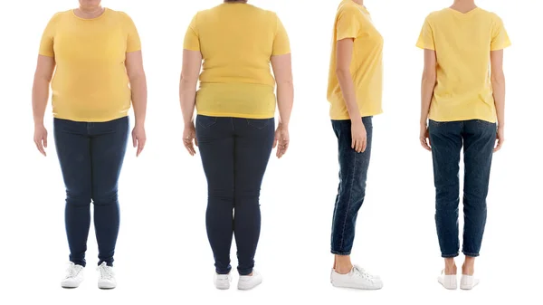 前に、白い背景に、クローズ アップの重量損失の後の肥満女性 — ストック写真