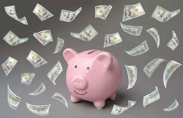 Niedliches Sparschwein und fliegende amerikanische Dollar auf farbigem Hintergrund — Stockfoto