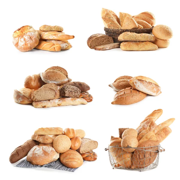 Beyaz arka planda taze ekmek seti — Stok fotoğraf