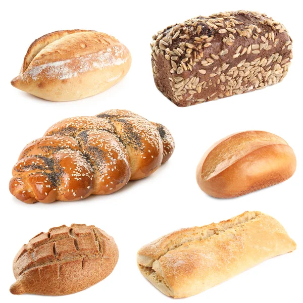Sada čerstvých chleba na bílém pozadí — Stock fotografie