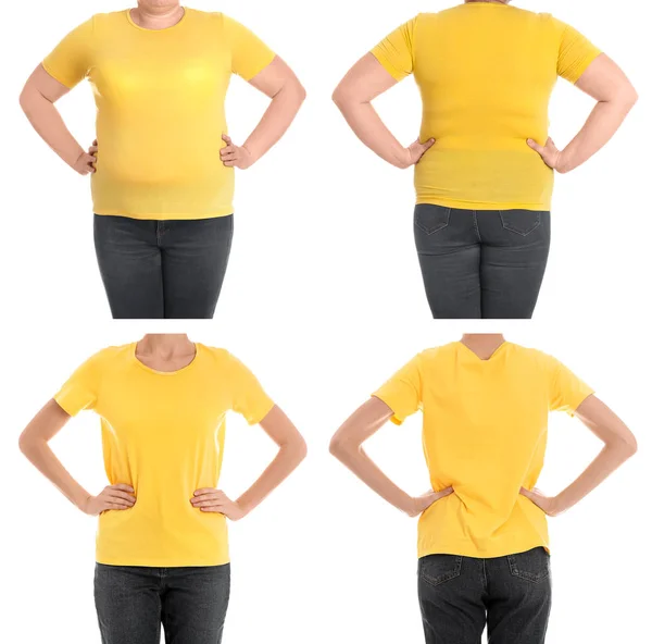 Mulher com excesso de peso antes e depois da perda de peso no fundo branco, close-up — Fotografia de Stock
