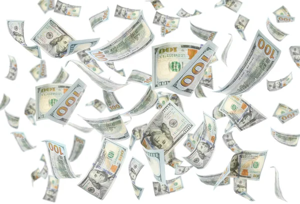 Wiele latających amerykańskich banknotów na białym tle — Zdjęcie stockowe