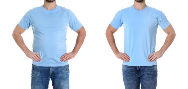Homem com excesso de peso antes e depois da perda de peso no fundo branco, close-up — Fotografia de Stock