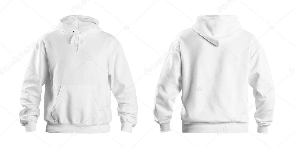 Set of stylish hoodie sweater on white background, front and back view. Space for design 