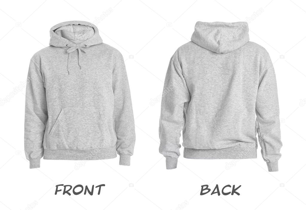 Set of stylish hoodie sweater on white background, front and back view. Space for design