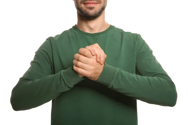 Man showing BELIEVE gesture in sign language on white background, closeup — Stock Photo, Image
