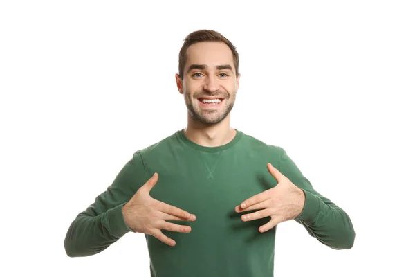 Hombre mostrando palabra EXCITADO en lenguaje de señas sobre fondo blanco — Foto de Stock