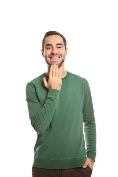 Homem mostrando agradecimento você gesto em língua de sinais sobre fundo branco — Fotografia de Stock