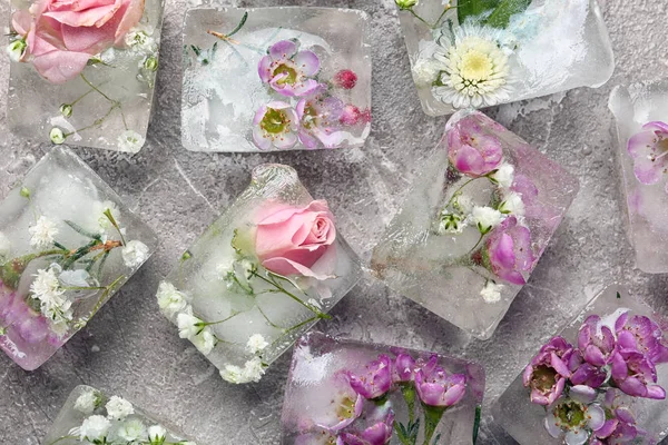 Blommig isbitar på bordet, platt låg — Stockfoto