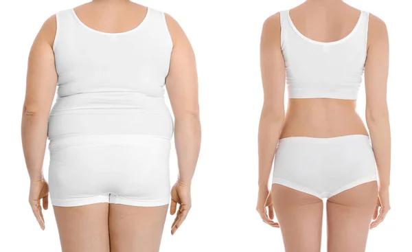 Υπέρβαρη γυναίκα πριν και μετά την απώλεια βάρους σε άσπρο φόντο, κοντινό πλάνο — Φωτογραφία Αρχείου