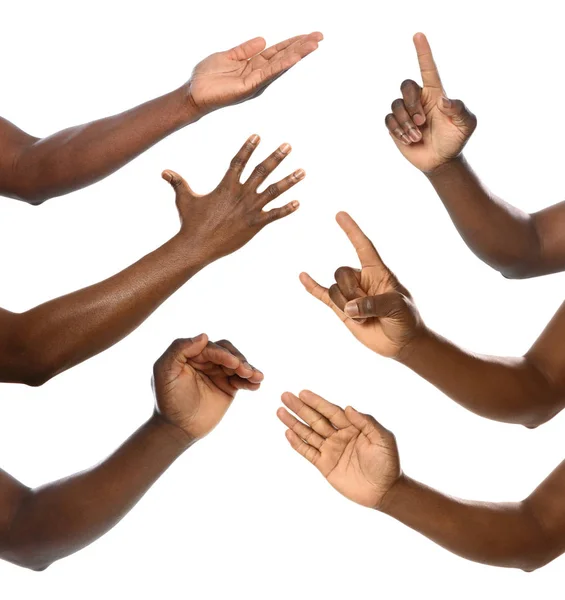 Afro-American man showing different gestures on white background, closeup view of hands — Stock Photo, Image