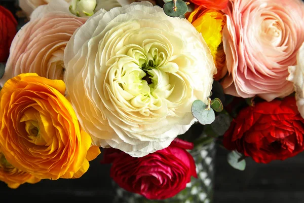Букет з красивими яскравими квітами рунункули на темному фоні, крупним планом — стокове фото