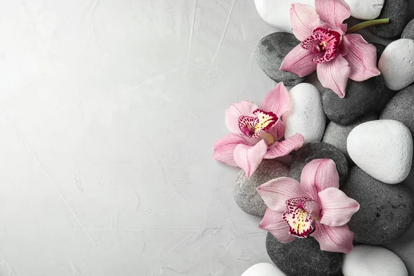 Kamienie Zen i egzotyczne kwiaty na szarym tle, widok z góry z miejscem na tekst — Zdjęcie stockowe