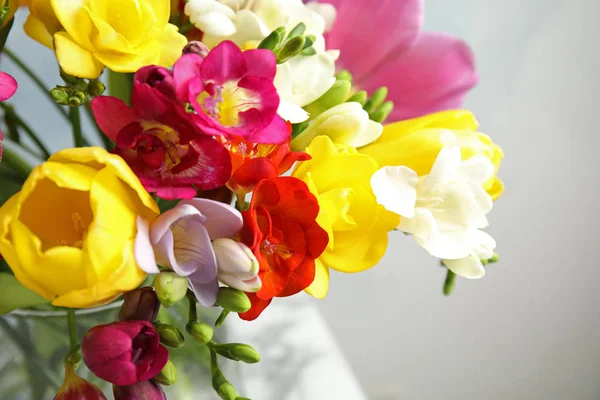 Hermosas flores de freesia primavera brillante sobre fondo borroso, primer plano —  Fotos de Stock