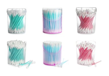 Beyaz arka planda temiz pamuk bezlerden ile kutular seti