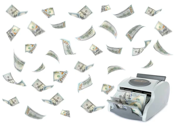 Modern electronic bill counter and flying American dollars on white background — Stock Photo, Image