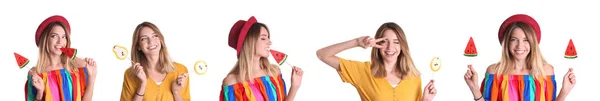 Collage of pretty young woman with candies on white background — Stock Photo, Image