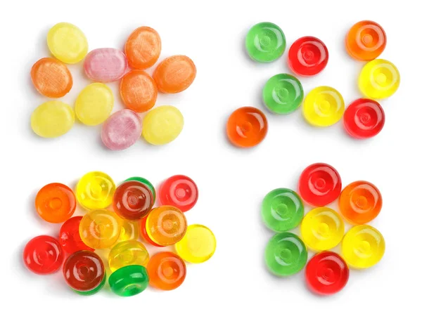 Set of colorful tasty hard candies on white background, top view — Stock Photo, Image