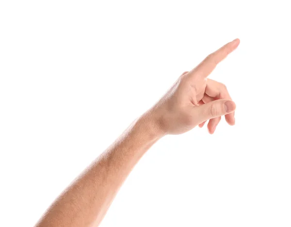 Mężczyzna wskazujący na coś na białym tle, zbliżenie dłoni — Zdjęcie stockowe
