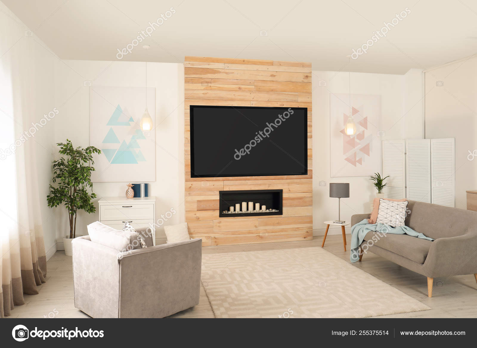 Living Room Interior With Modern Tv On Wooden Wall Stock