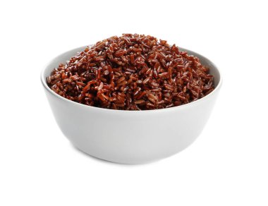 Beyaz üzerinde izole pişmiş kahverengi pirinç kase