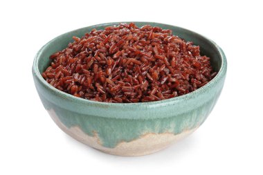 Beyaz üzerinde izole pişmiş kahverengi pirinç kase