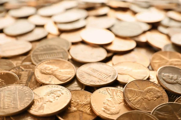 Pile of shiny USA one cent coins as background — Stock Photo, Image