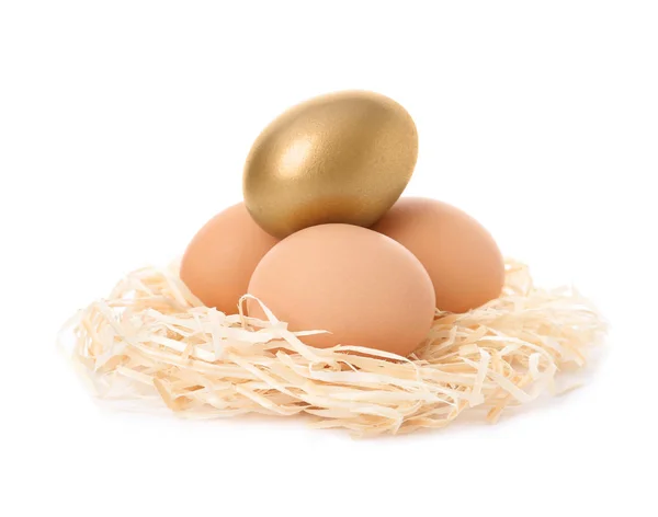 Goldenes Ei unter anderem im Nest auf weißem Hintergrund — Stockfoto