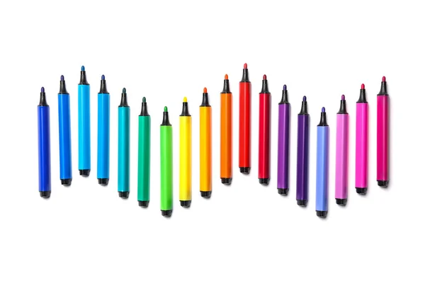 Many colorful markers on white background, top view. Rainbow palette — Stock Photo, Image