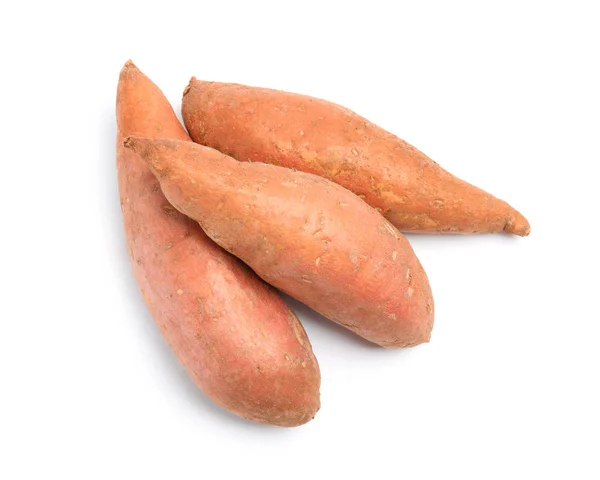 Whole ripe sweet potatoes on white background, top view — Stock Photo, Image