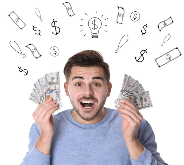 Young man holding American dollars against white background with drawn money — Stock Photo, Image