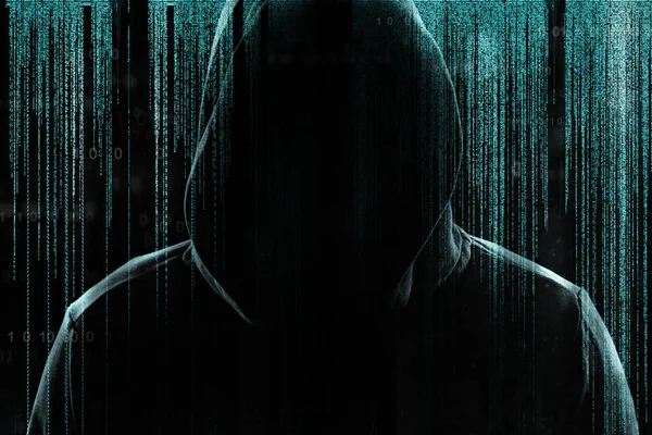 Dark silhouette of cyber criminal against background with digital symbols — Stock Photo, Image