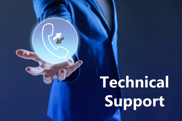 Man holding virtual icon in hand against dark background, closeup. Technical support service — Stock Photo, Image