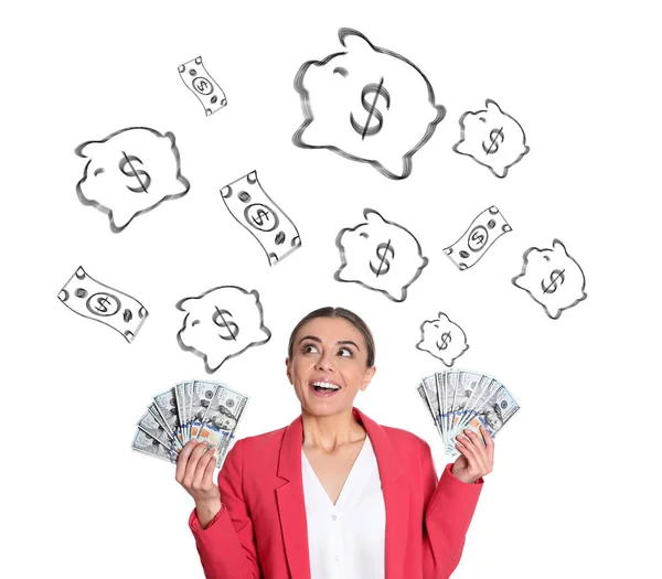 Happy young businesswoman holding American dollars against white background with drawn money — Stock Photo, Image
