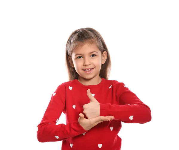Mała dziewczynka pokazując gest pomocy w języku migowego na białym tle — Zdjęcie stockowe