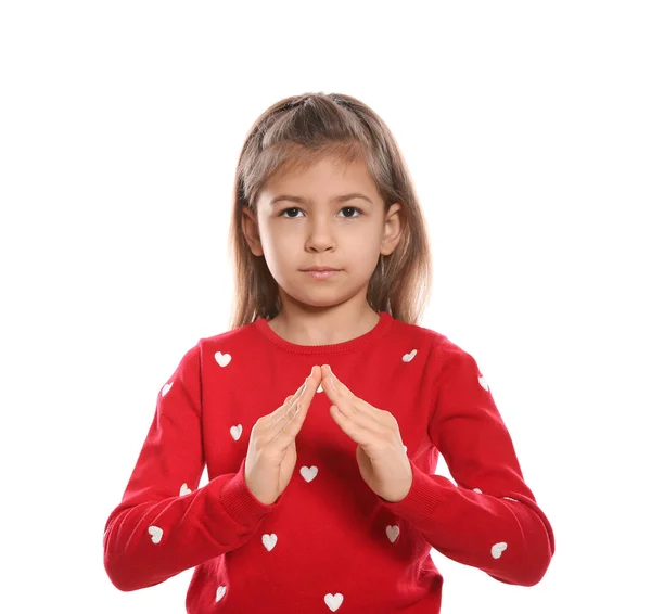 Kleines Mädchen zeigt Hausgeste in Gebärdensprache auf weißem Hintergrund — Stockfoto