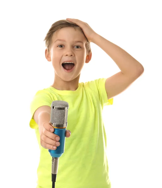 Rapaz bonito com microfone no fundo branco — Fotografia de Stock