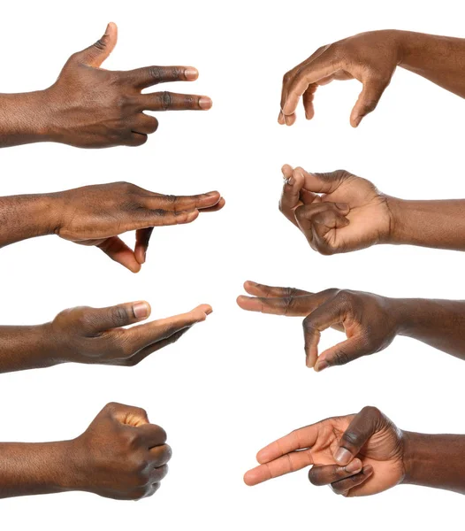 Afro-American man showing different gestures on white background, closeup view of hands — Stock Photo, Image