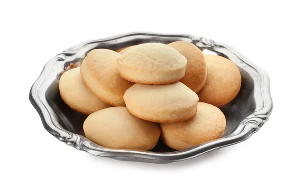 Prato com biscoitos para feriados islâmicos isolados em branco. Eid Mubarak. — Fotografia de Stock